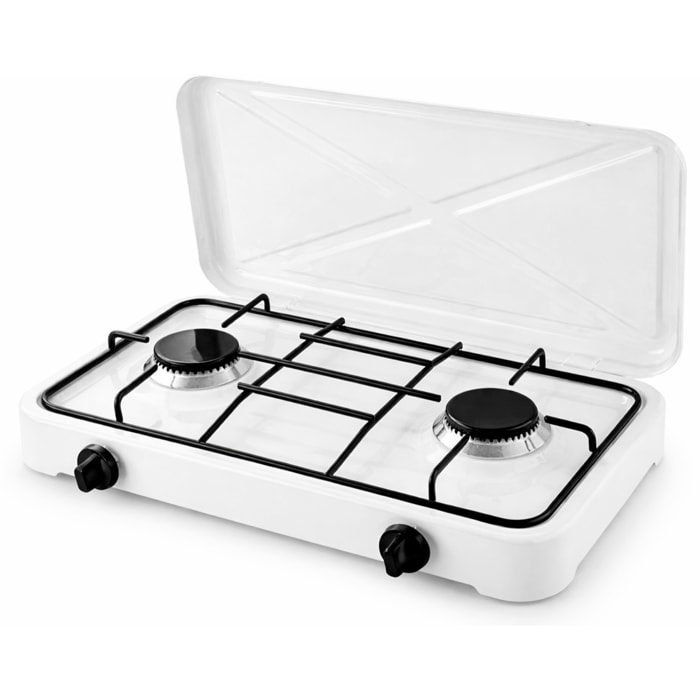 Fornello A Gas Portatile 2 Fuochi con Coperchio Piano Cottura Campeggio GPL Gas Naturale Fornello da Camping In Acciaio Con Griglie Bianco