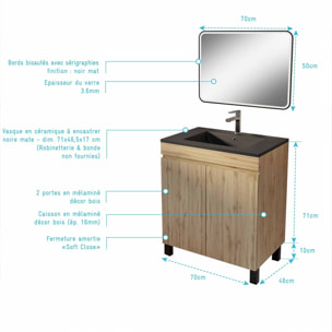 Meuble de salle de bains 70cm TIMBER Décor Chêne Naturel à Portes Vasque Noire et Miroir LED 70x50