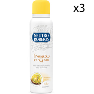 3x Neutro Roberts Deodorante Spray Fresco Zero Sali Essenza Frizzante - 3 Flaconi da 150ml