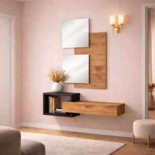 Set Ingresso Moderno Con Specchi Pensile A Giorno Mensola Con Cassetto Salvaspazio Mobile Da Parete 100 x 160 x 30 Cm Nero E Rovere