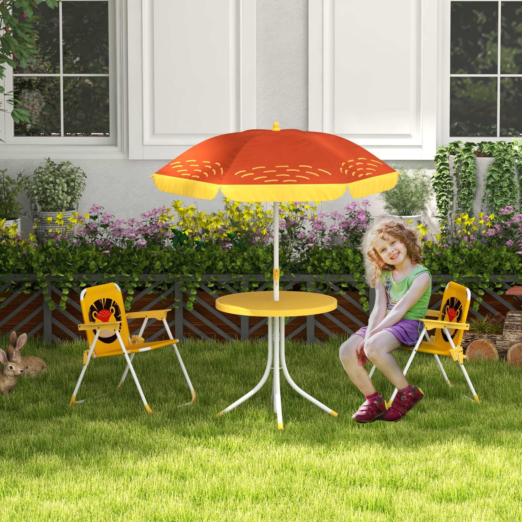 Conjunto de Mesa y Sillas para Exterior Infantil Set de 2 Sillas Plegables y Mesa para Niños Mesa con Sombrilla Ajustable en Altura Temática de León para Jardín Patio Amarillo y Marrón