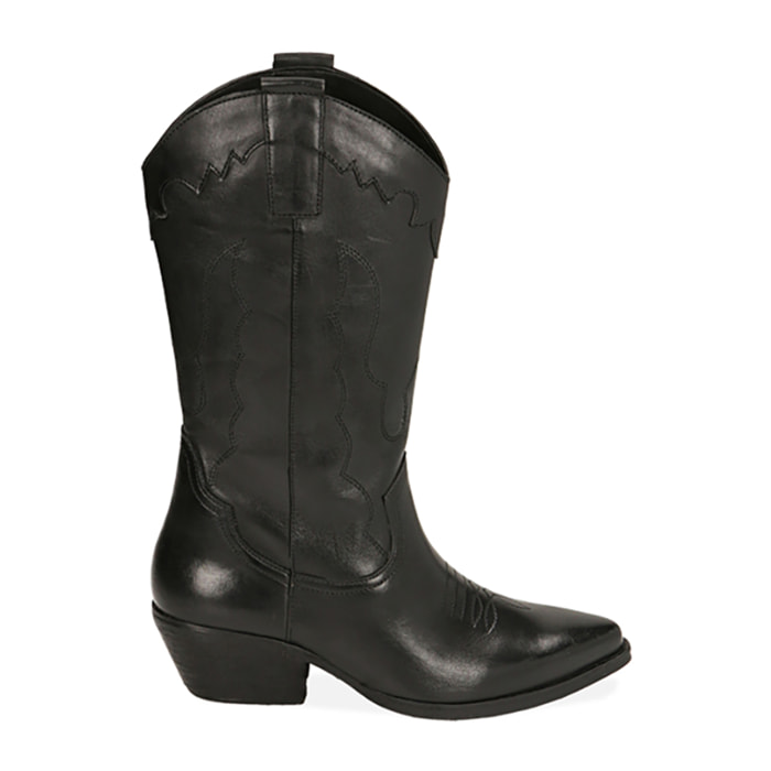 Botas texanas de piel negra, tacón de 5,5 cm