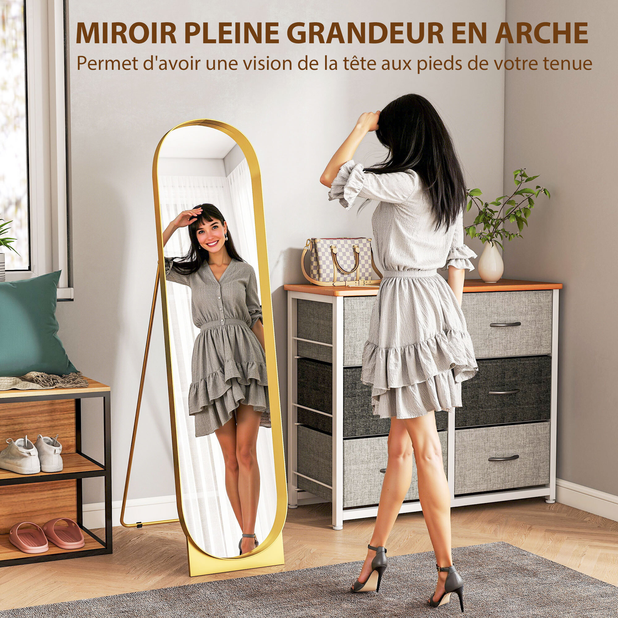 Miroir sur pied design métal doré dim. 40 x 160 cm autoportant ou à adosser