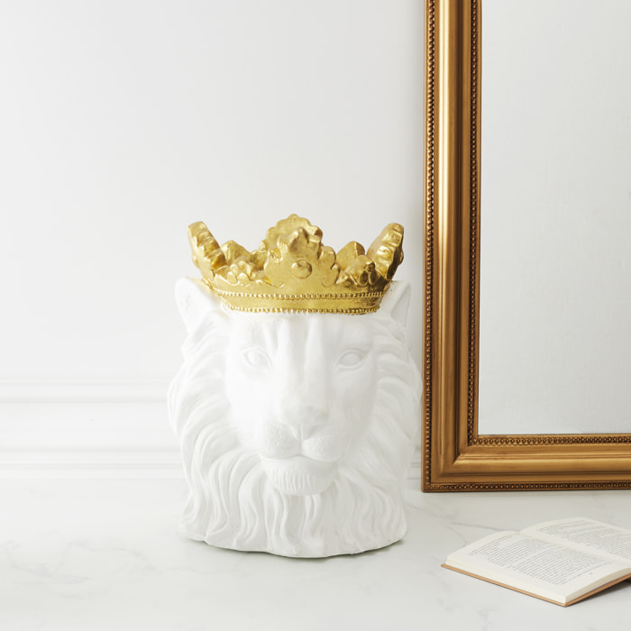 Cache Pot Lion Blanc Couronne Doree D16cm