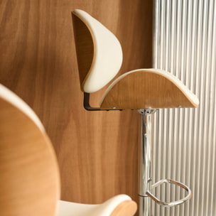 Lot de 2 tabourets de bar réglable décor bois courbé et simili cuir chêne. blanc et pieds chromés - L 53  P 51 x H 95-116cm - Dwight