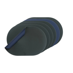 Set de table ovale réversible - 6 pièces - Cuir recyclé bleu nuit et gris anthracite