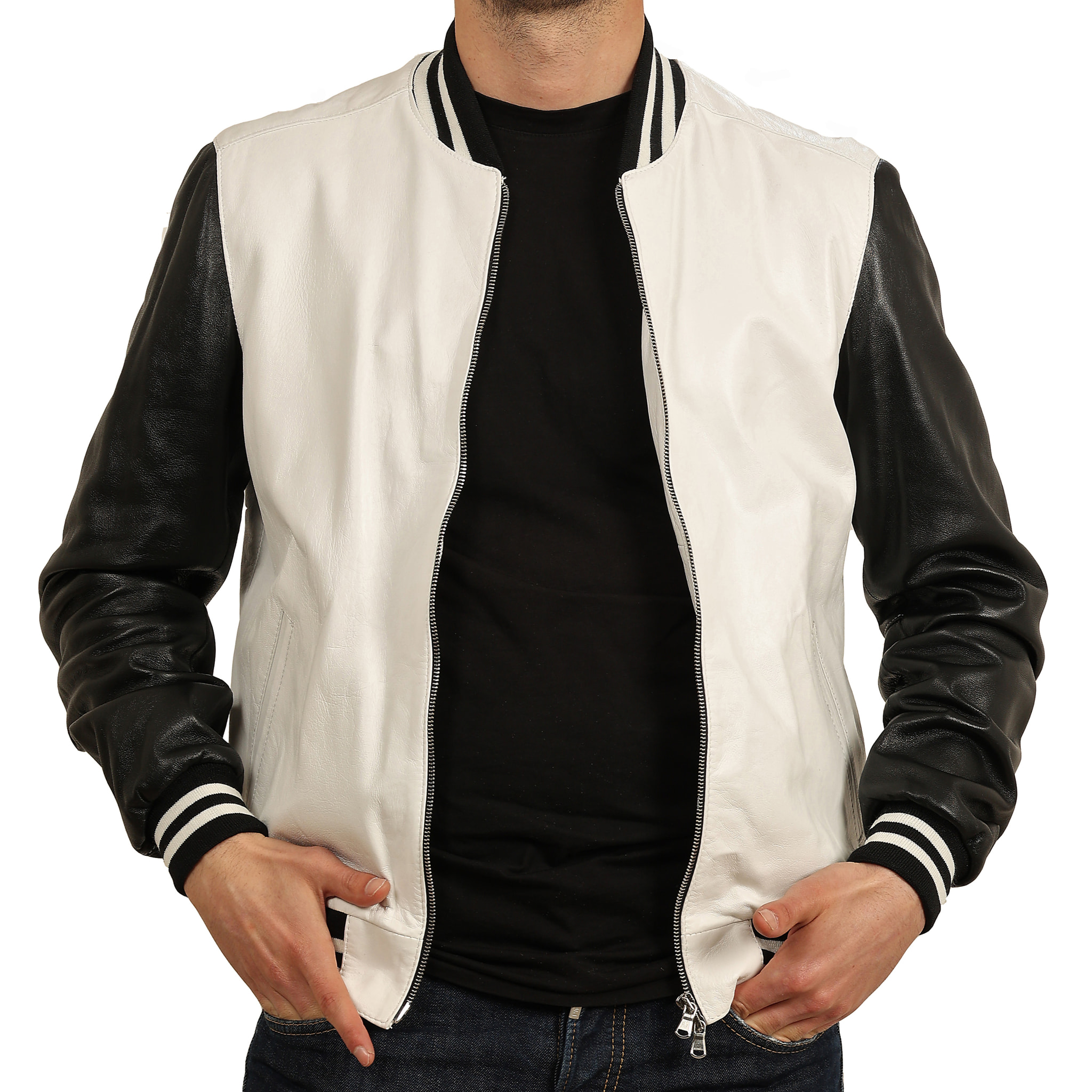 Bomber bicolore in pelle di vitello Bianco-Nero Slim Fit