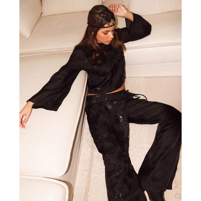 Blusa de cuello subido con bordado y lentejuelas de mujer