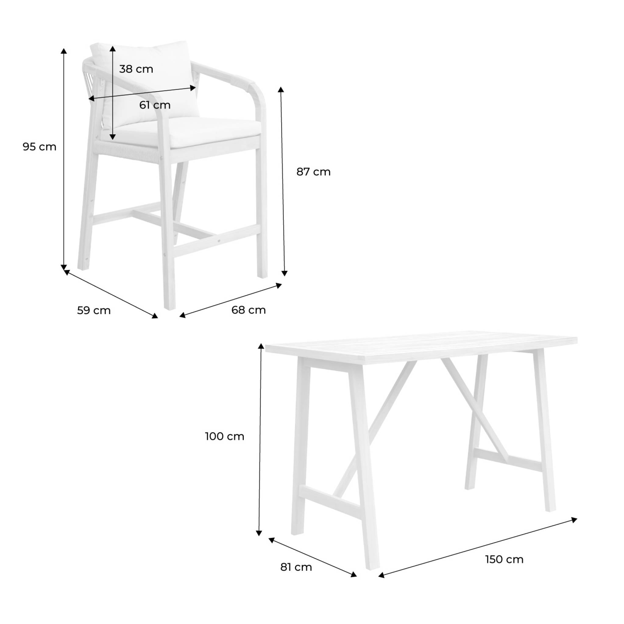Table haute de jardin bois d'acacia + 4 assises Paloma et Zahara naturel 150 x 81 x 100 cm