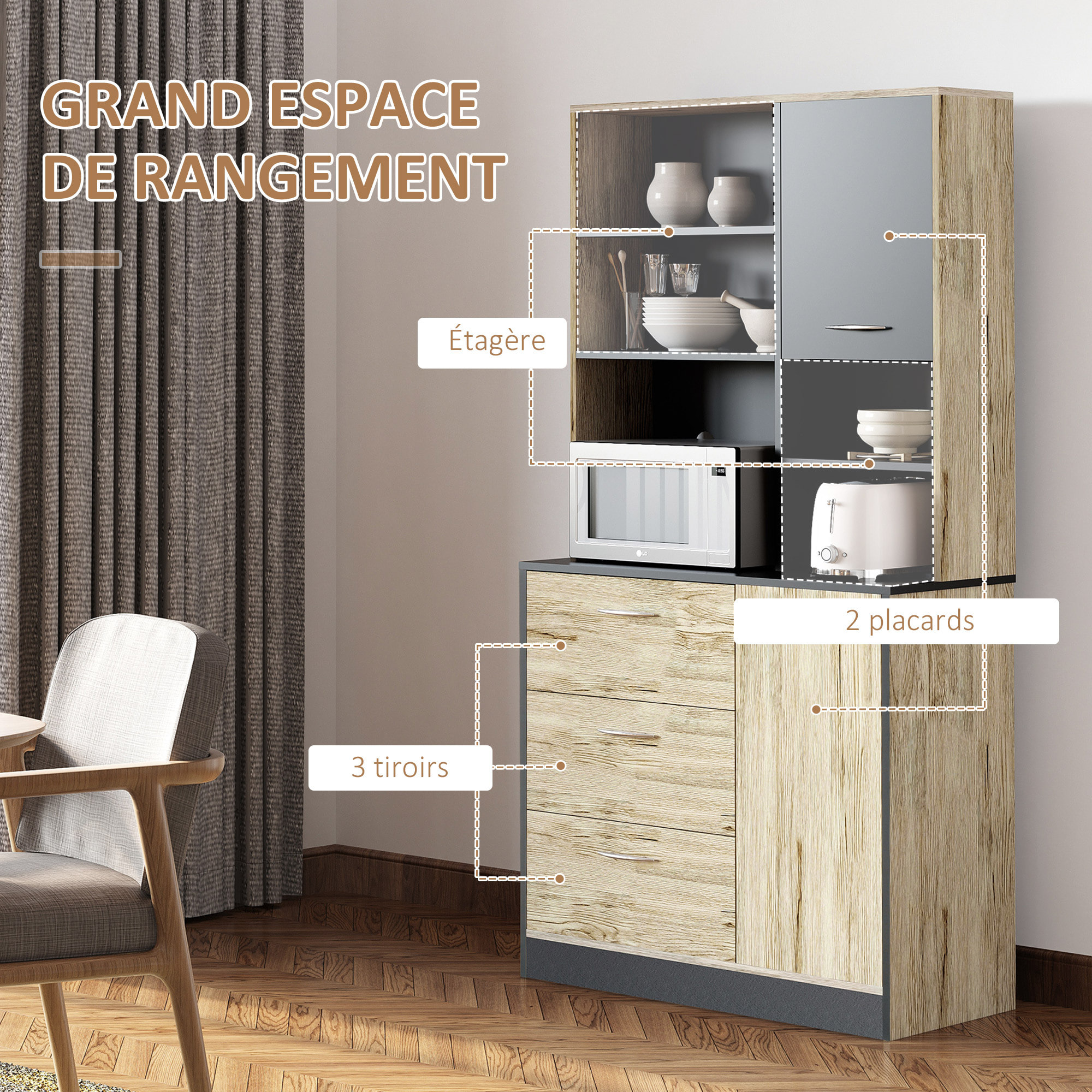 Armoire de cuisine multi-rangements 90L x 39l x 169H cm