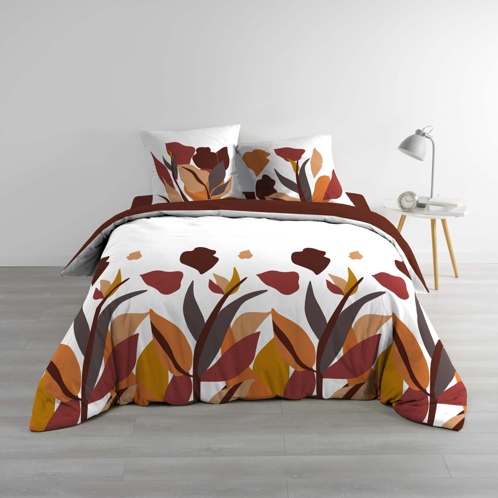 Parure de lit 3 pièces 100 % coton imprimé à motif floral housse + taies - Rouge