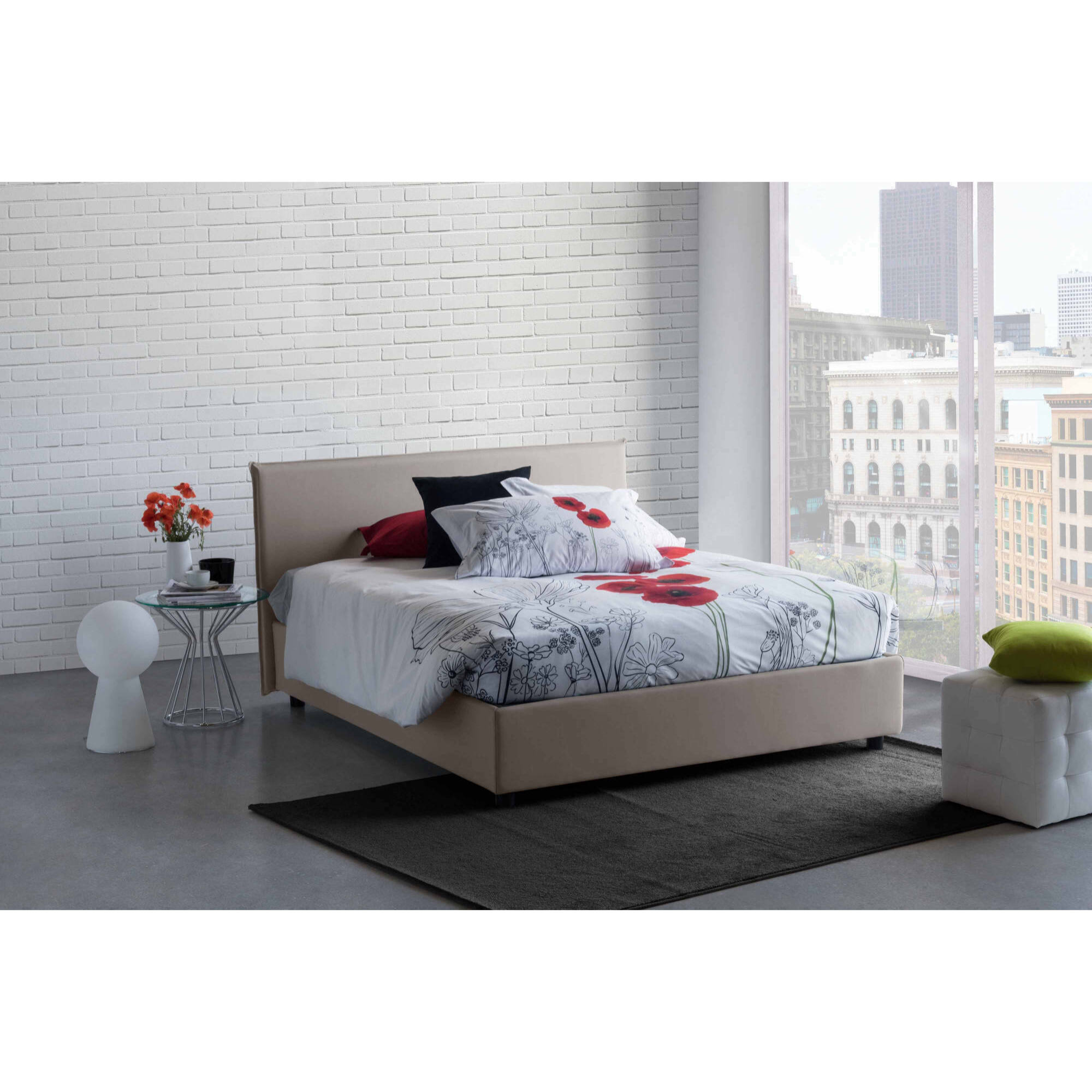 Letto matrimoniale Ariadni, Letto contenitore con rivestimento in tessuto, 100% Made in Italy, Apertura frontale, con materasso Cm 160x200 incluso, Tortora