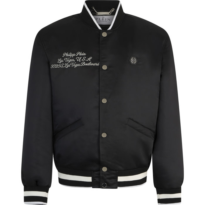 PHILIPP PLEIN Shiny Satin Varsity Bomber Signature Las Vegas