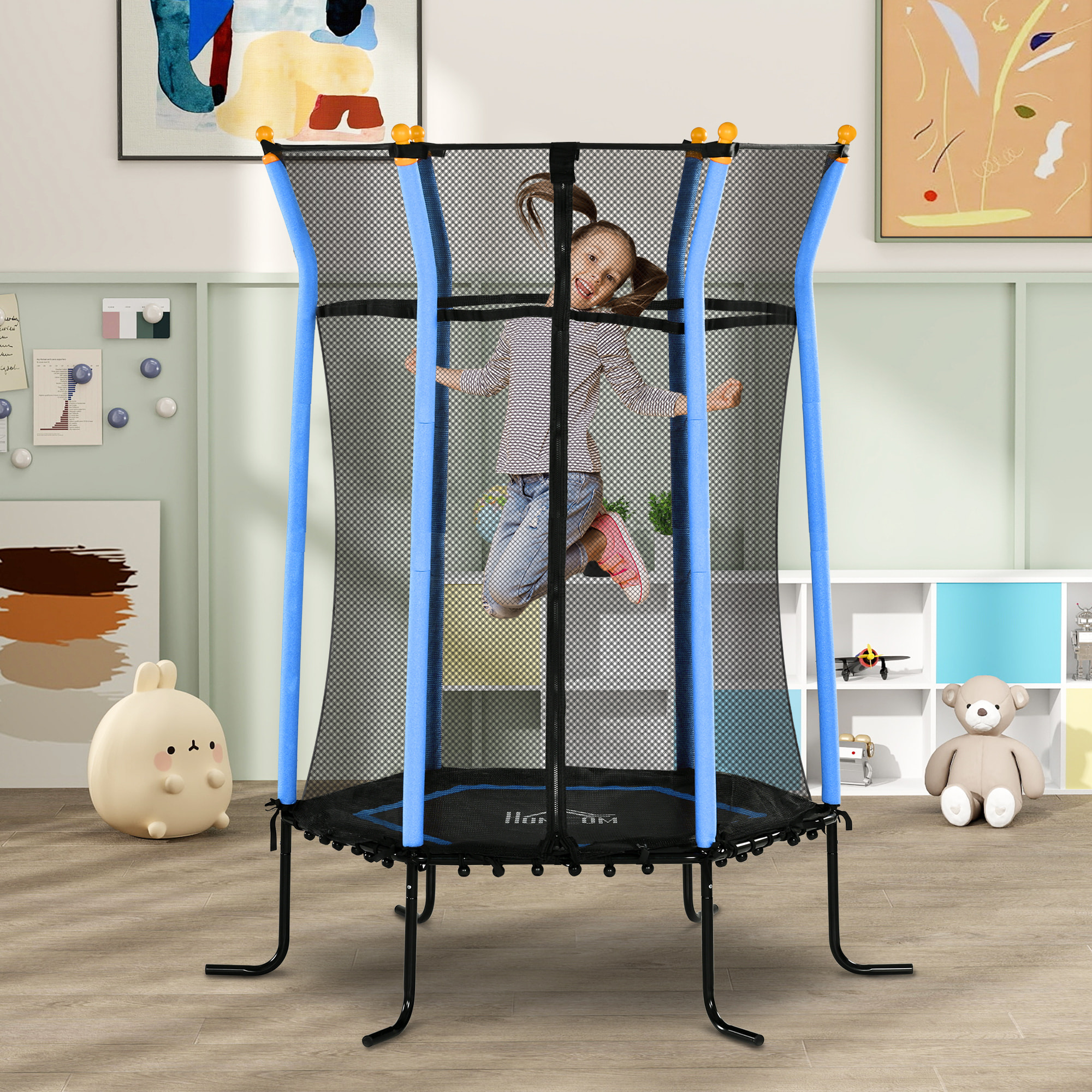 Cama Elástica Infantil de Jardín Ø163,5 cm Trampolín para Niños de +3 Años con Red de Seguridad y Marco de Acero para Interior Exterior Carga 50 kg Negro y Azul