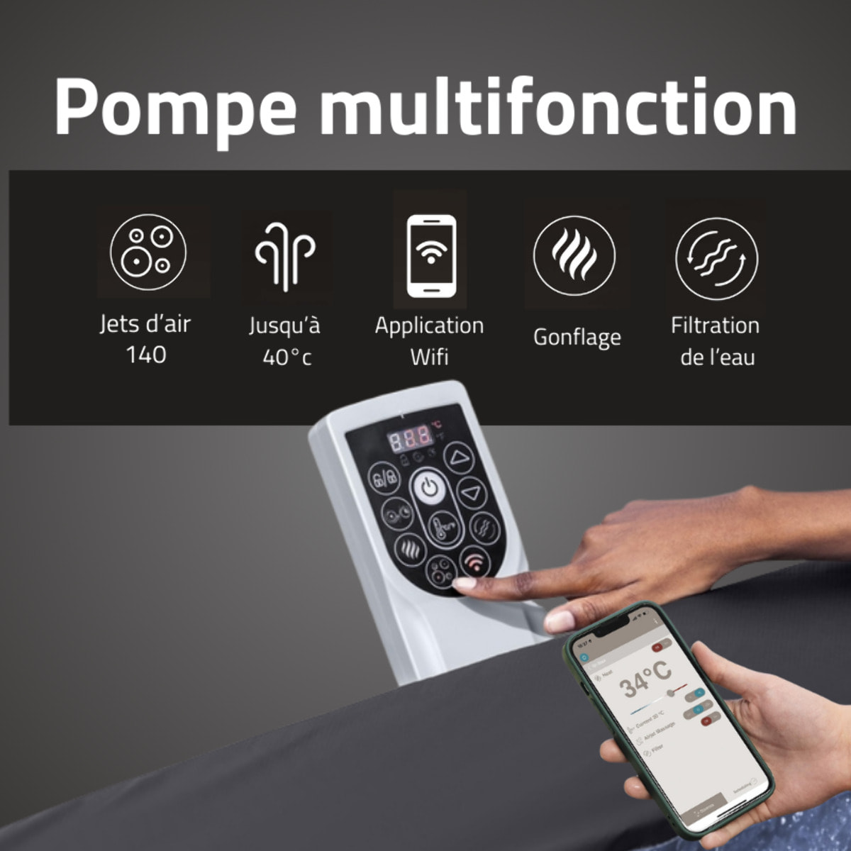 Bestway Spa semi rigide carré Lay-Z-Spa Stockholm Smart AirJet avec WiFi 4-6 personnes