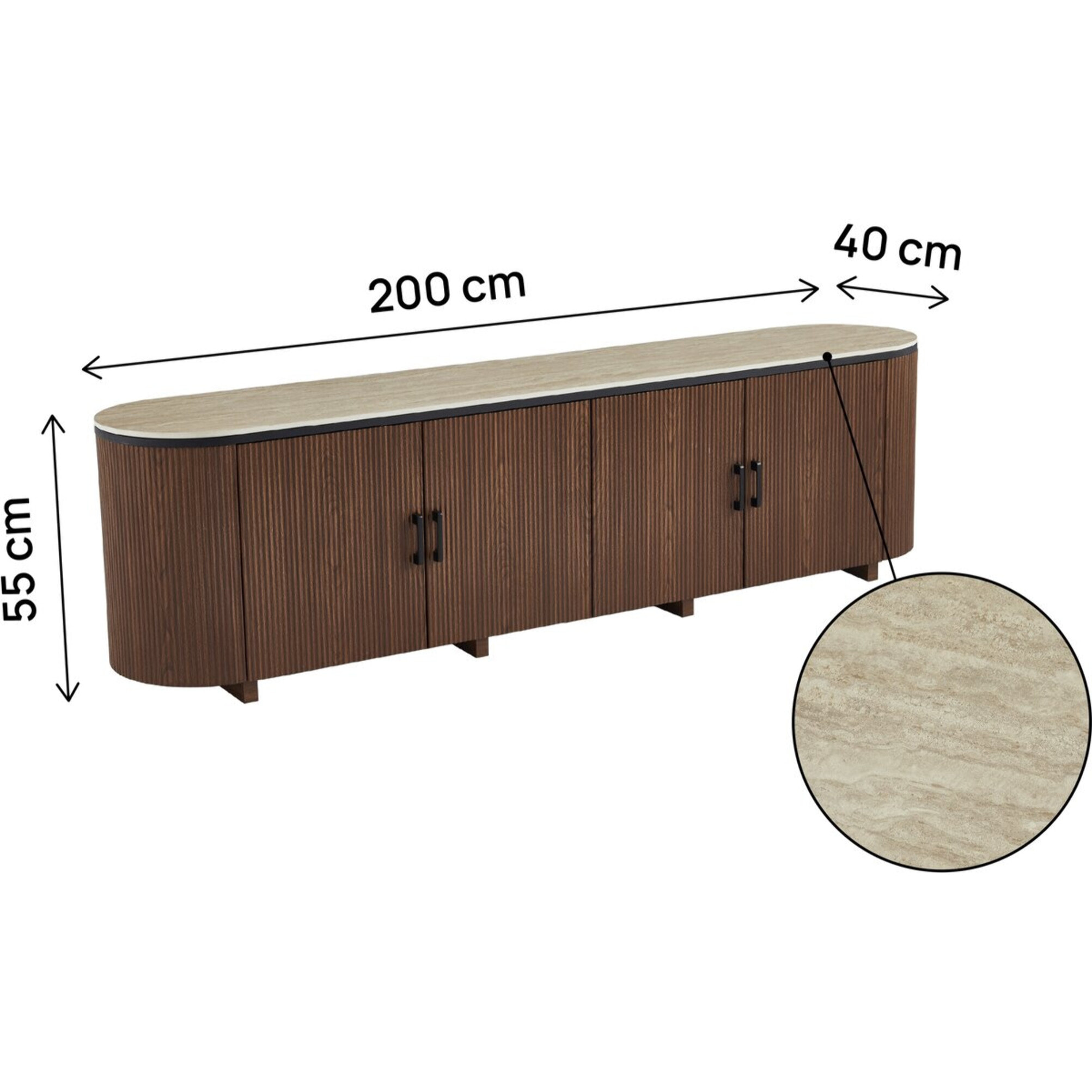 Meuble tv ovale en bois et céramique "Portofino" - 200 x 40 x 55 cm - Marron
