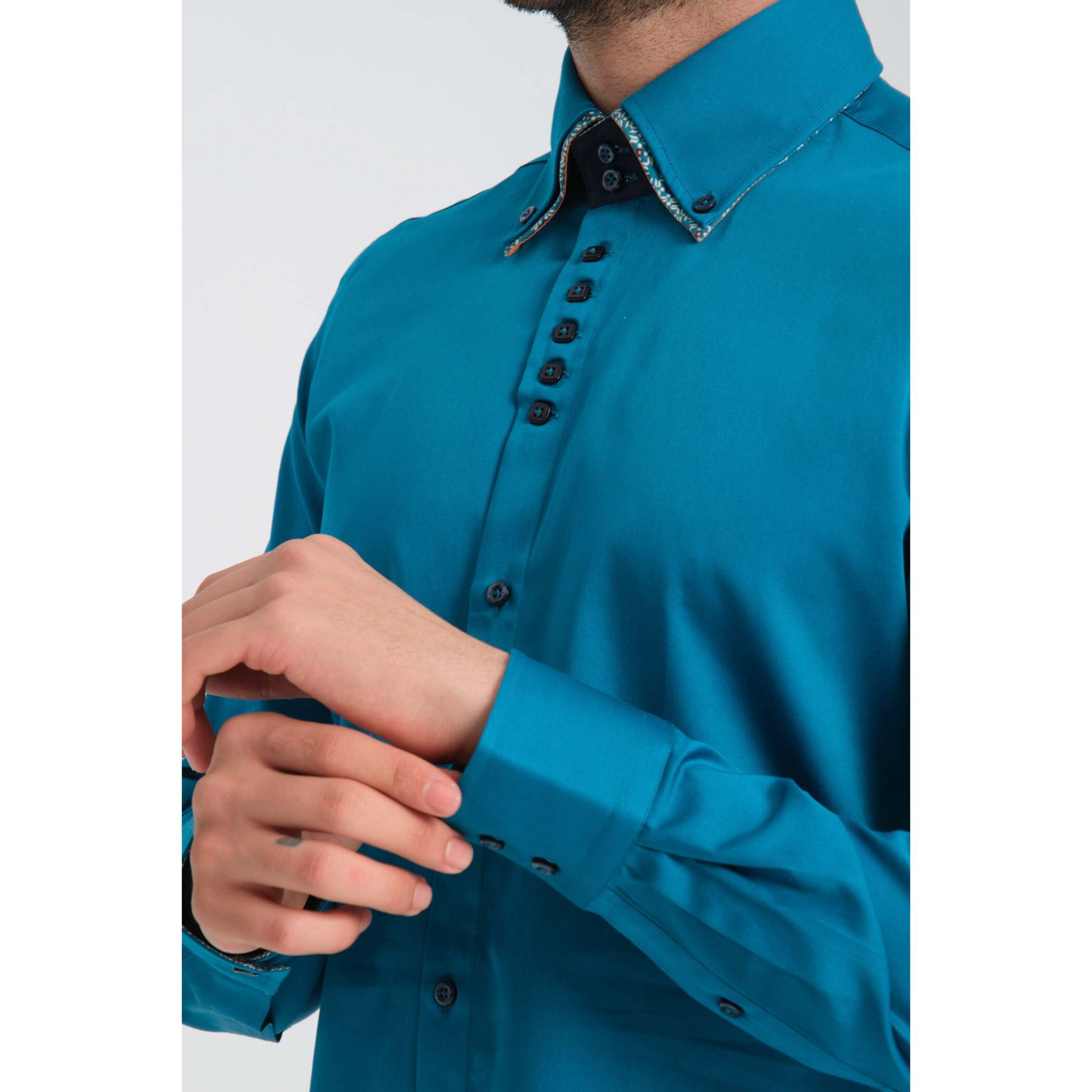 Camicia Uomo 2 Bottoni Button Down 7bottoni Doppio Coll Satin Unito Verde Ottanio