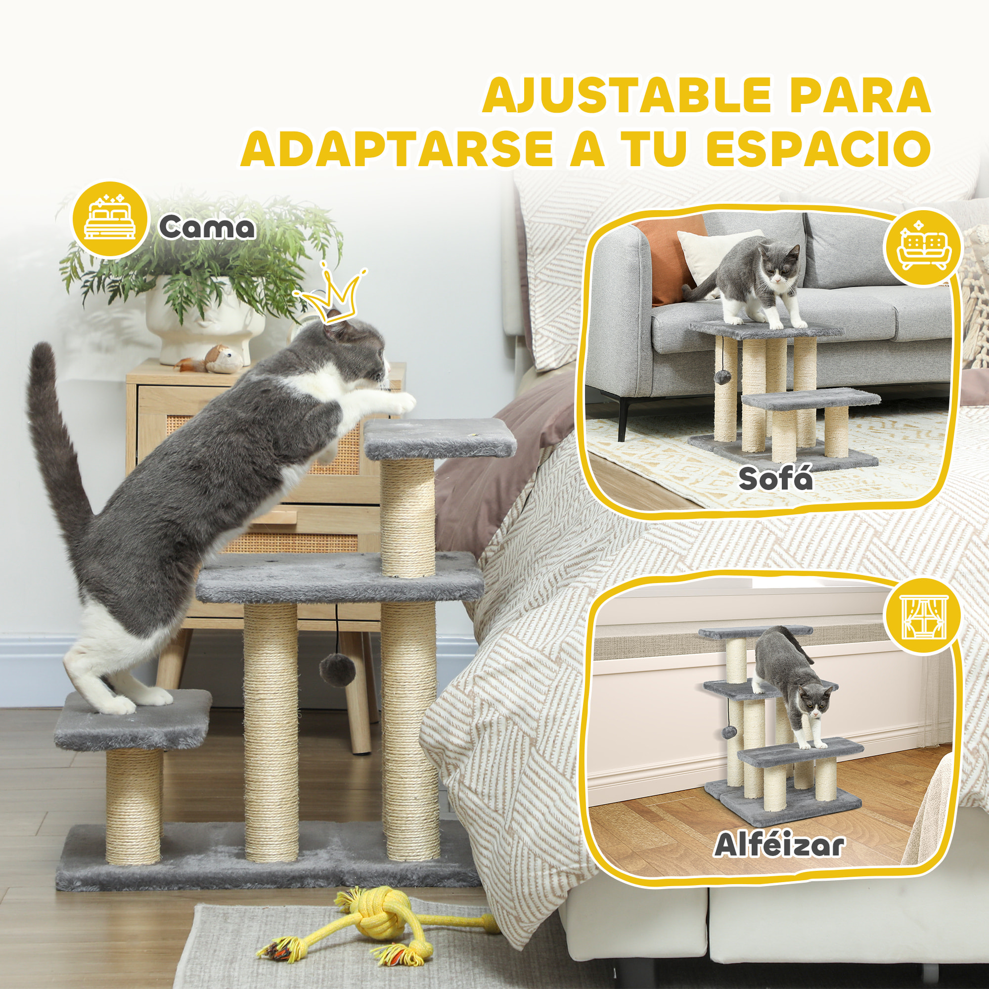 Escalera para Gatos de 3 Peldaños, Escalera para Mascotas, Estructura Ajustable, con Postes Rascadores, Bola Colgante, Carga 10 kg, para Cama, Sofá, 52x34,5x54 cm, Gris