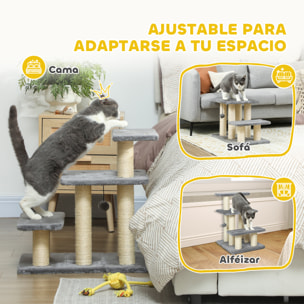 Escalera para Gatos de 3 Peldaños, Escalera para Mascotas, Estructura Ajustable, con Postes Rascadores, Bola Colgante, Carga 10 kg, para Cama, Sofá, 52x34,5x54 cm, Gris