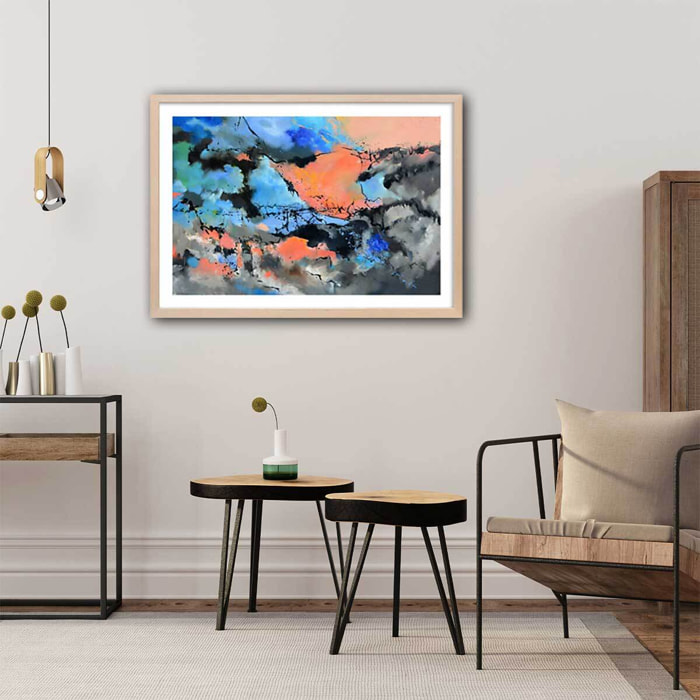 Affiche abstraite ocre et bleu provence Affiche + cadre en bois - Chêne