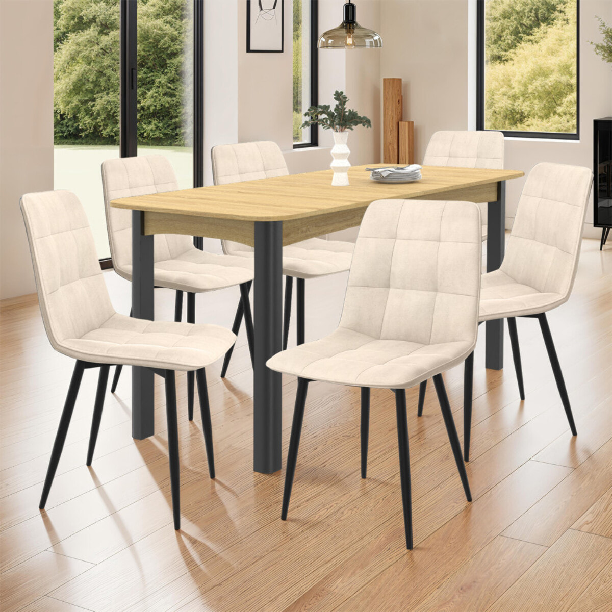 Chaises Linda velours crème pieds métal noirs - lot de 6