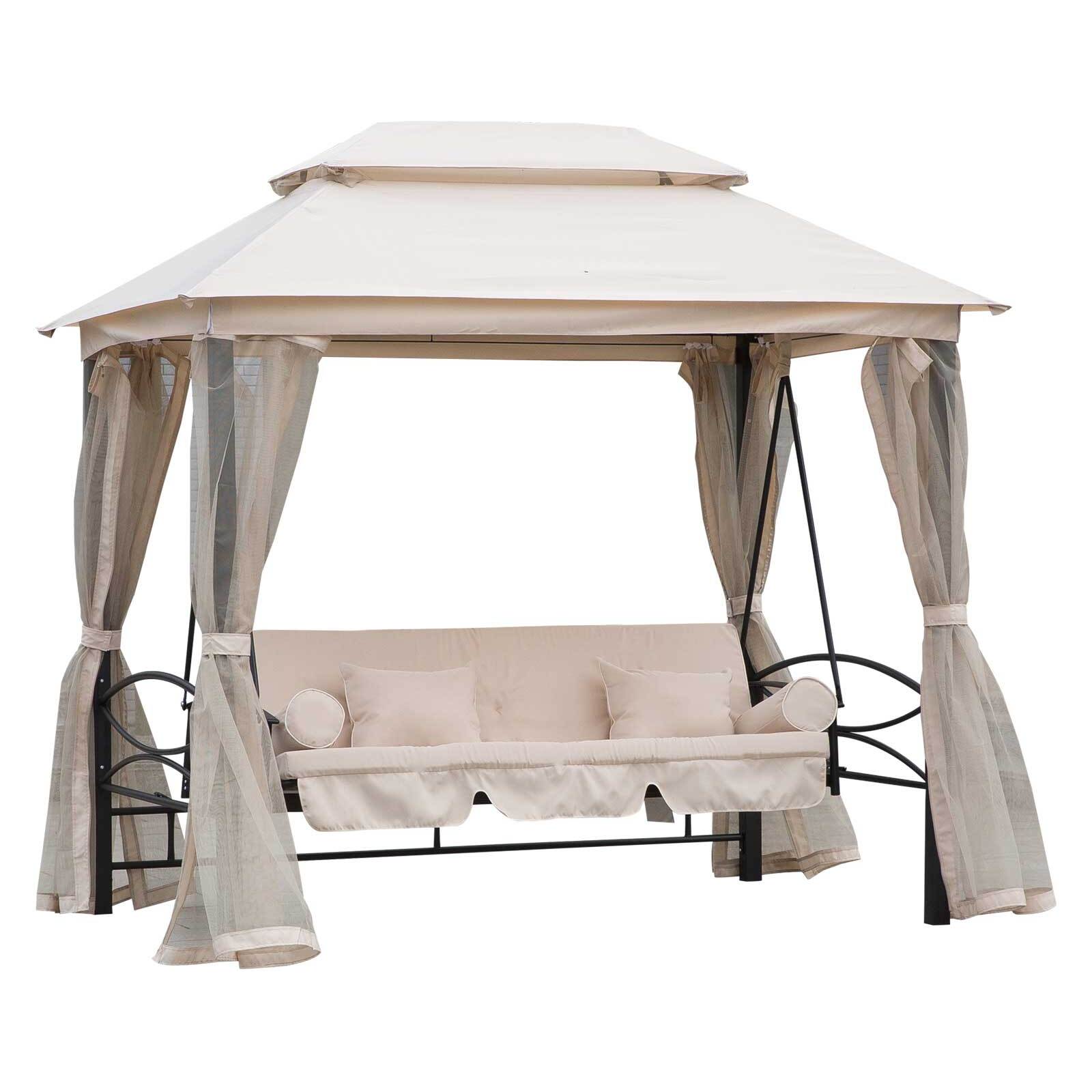 Balancelle de jardin 3 places convertible style colonial grand confort 2 coussins + matelas + moustiquaires inclus noir beige