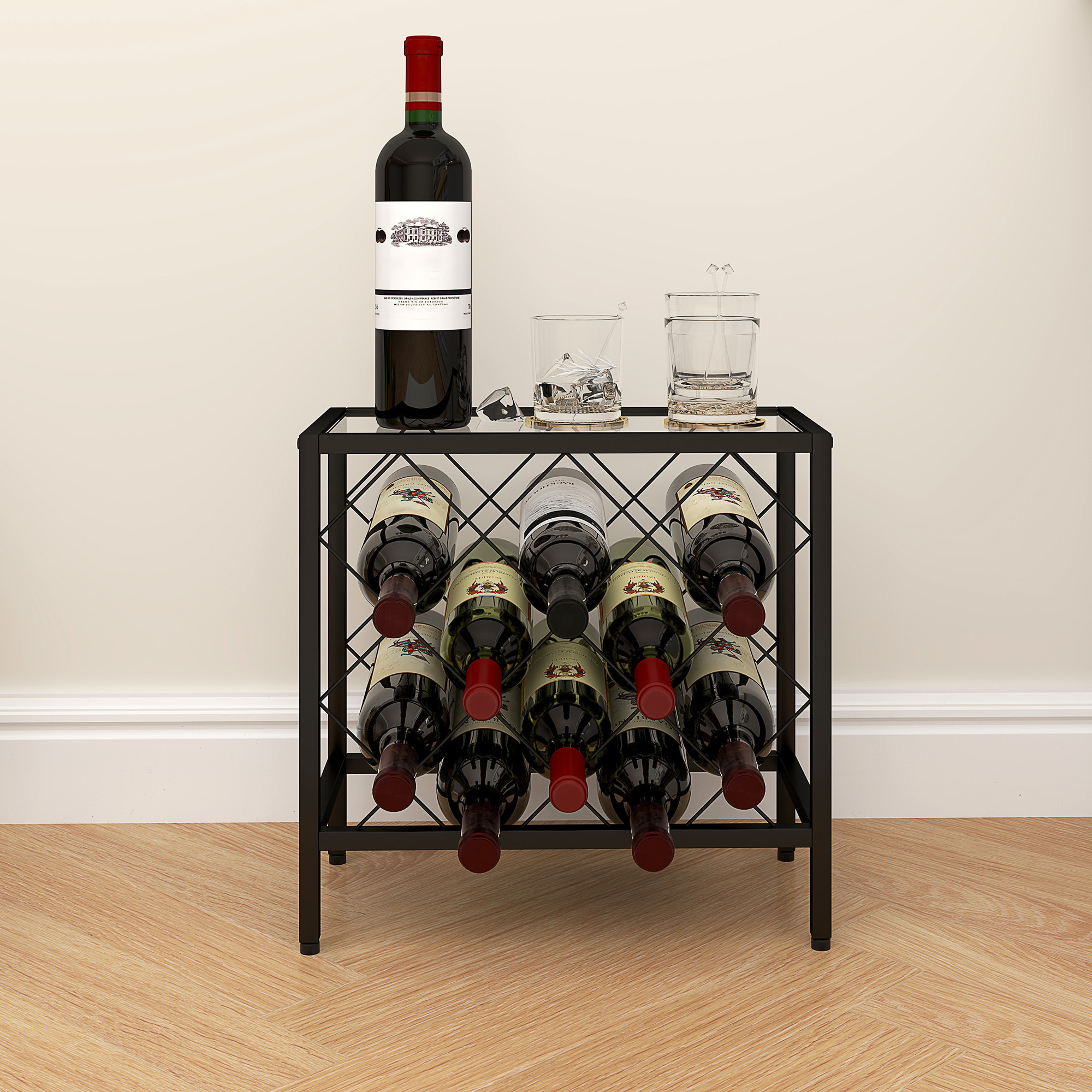 Botellero Vino para 10 Botellas Botellero con Encimera de Vidrio Templado y Marco de Acero para Salón Comedor 41x22x41 cm Negro