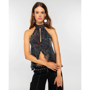 Blusa halter estampada abierta por delante con volantes