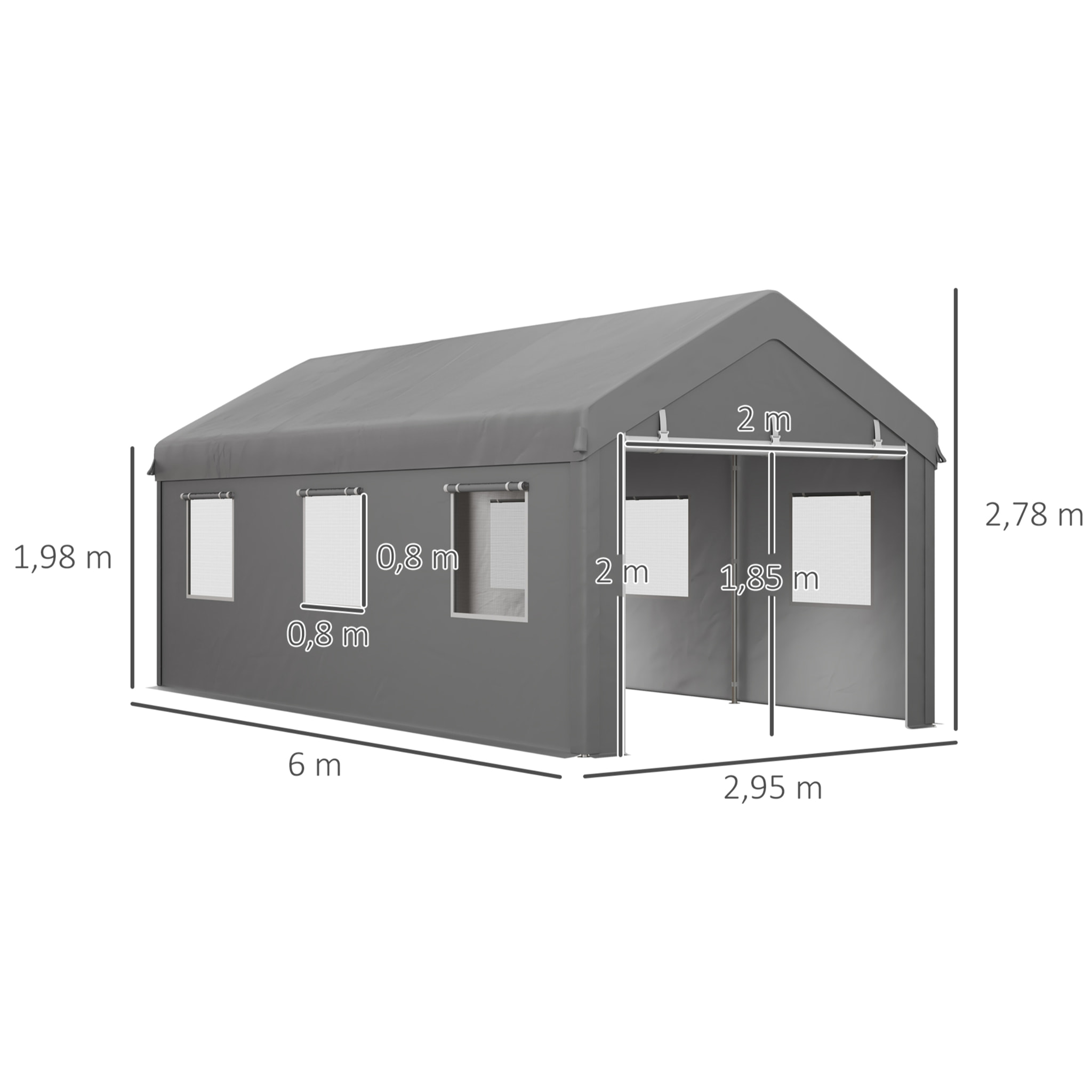 Carpa Garaje Portátil 6x3 m, Garaje Exterior para Coche Impermeable con Paredes Laterales Desmontables, 2 Puertas Enrollables y 6 Ventanas, Cobertizo de Almacenamiento Anti-UV, Gris Claro