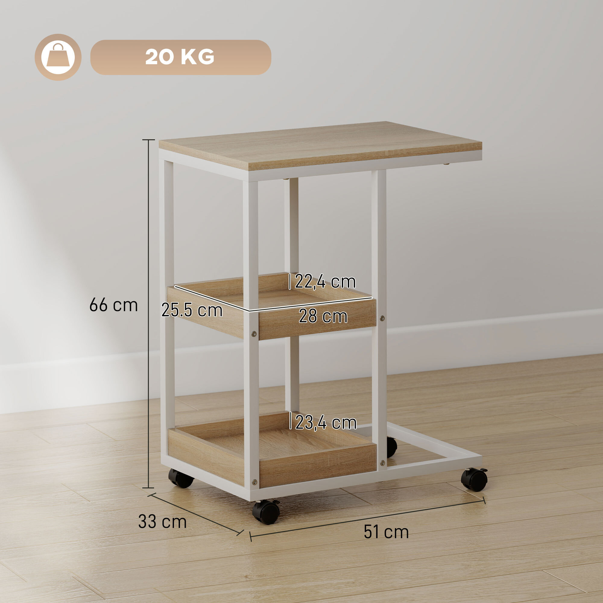Mesa Auxiliar con Ruedas Mesa Auxiliar para Sofá en Forma de C con 2 Estantes Abiertos, Marco de Acero, para Salón, Dormitorio, 51x33x66 cm, Natural y Blanco