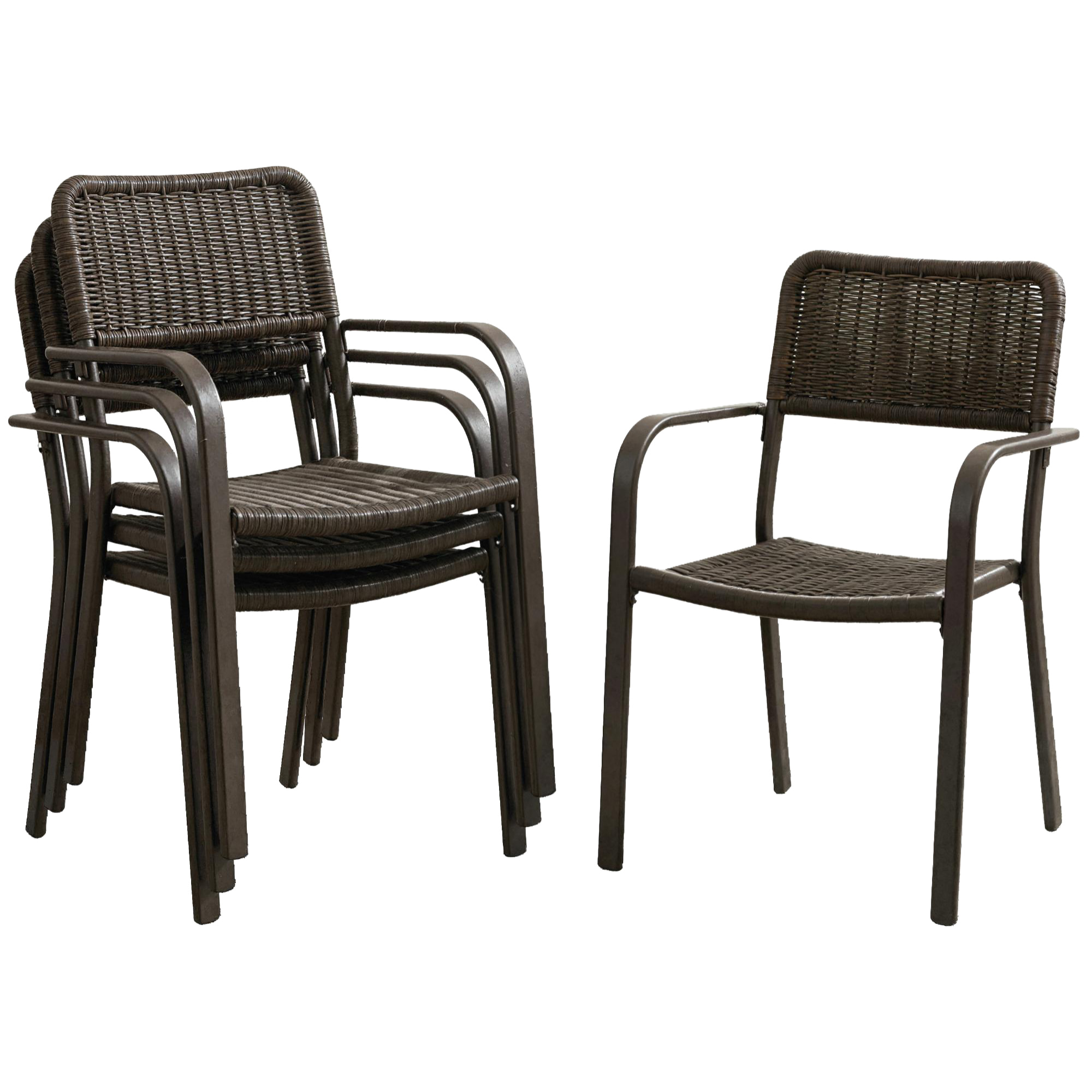 Juego de 4 Sillas de Jardín Exterior Apilables, Sillas de Comedor Exterior Efecto Ratán, con Reposabrazos, Marco de Acero, Resistente a la Intemperie y Ligero, 55x60x83 cm, Marrón Oscuro