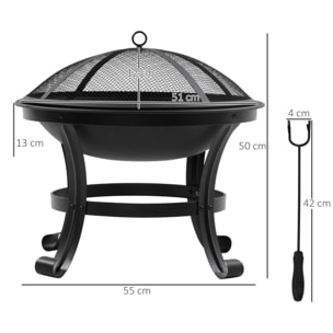 Brasero Exterior para Jardín Pozo de Fuego de Acero con Protector de Chispas y Atizador para Hogueras en Terraza Camping Ø55x50 cm Negro