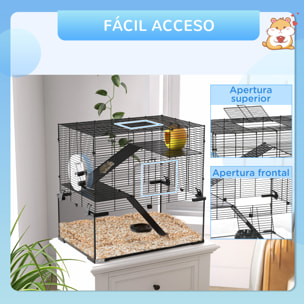 Jaula para Hámster Casa para Animales Pequeños con Fondo de Vidrio Plataformas Cuenco Bebedero Casita Rampas y Rueda de Ejercicio 60x40x54,5 cm Negro