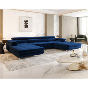 Ayden - Canapé panoramique en U 7 places convertible avec coffre et têtières réglables en tissu - Bleu