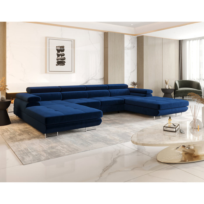 Ayden - Canapé panoramique en U 7 places convertible avec coffre et têtières réglables en tissu - Bleu