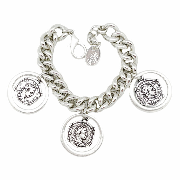 Pulsera Triple Aura con monedas tipo antigua en plata chapado