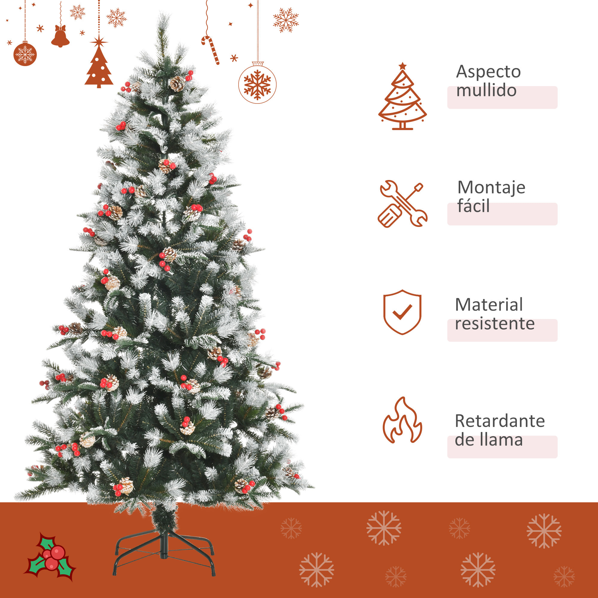 árbol de Navidad Artificial 180 cm con 678 Ramas 53 Piñas y 53 Bayas Hojas de PVC PE Base Plegable y Soporte Metálico Decoración Navideña para Interiores Verde