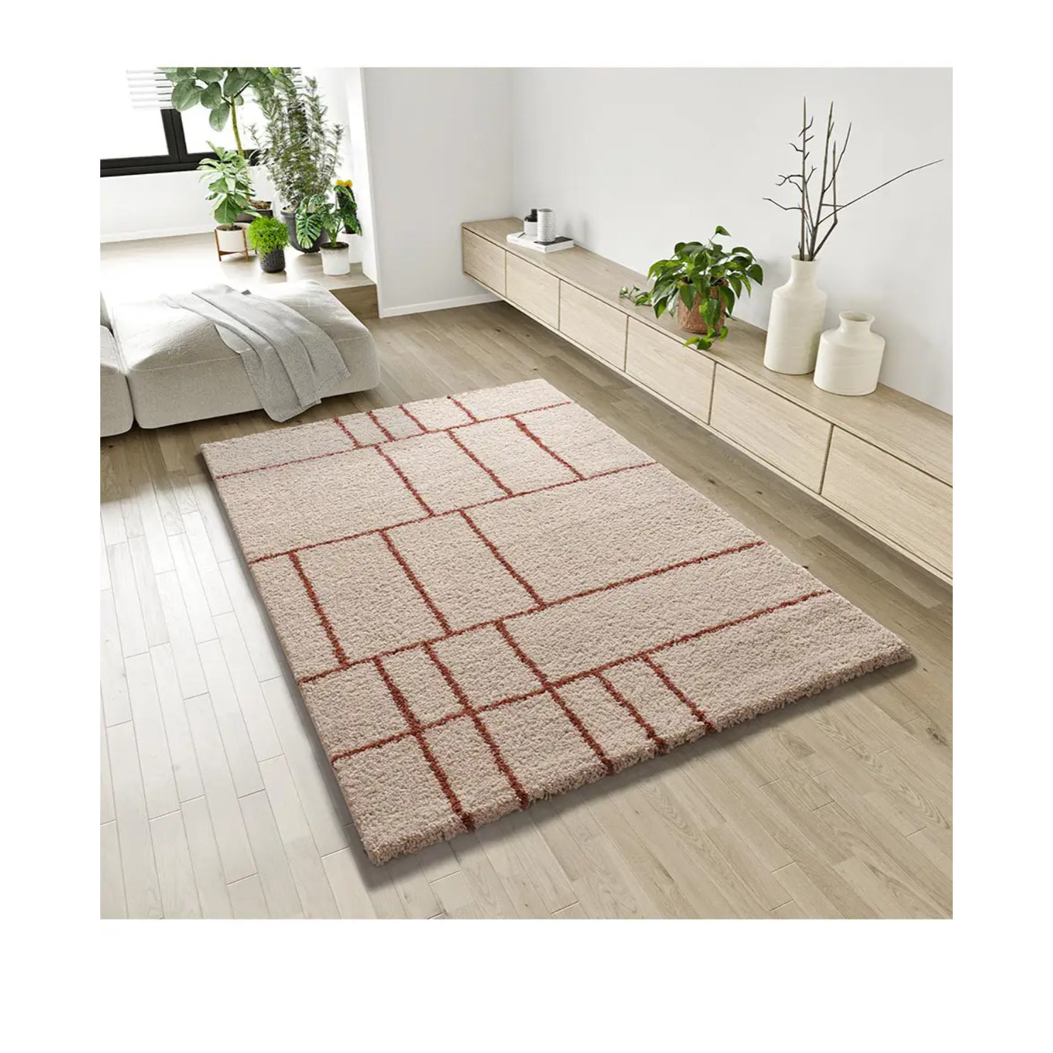HELIA Alfombra shaggy geométrica en beige y motivos caldera, varias medidas disponibles