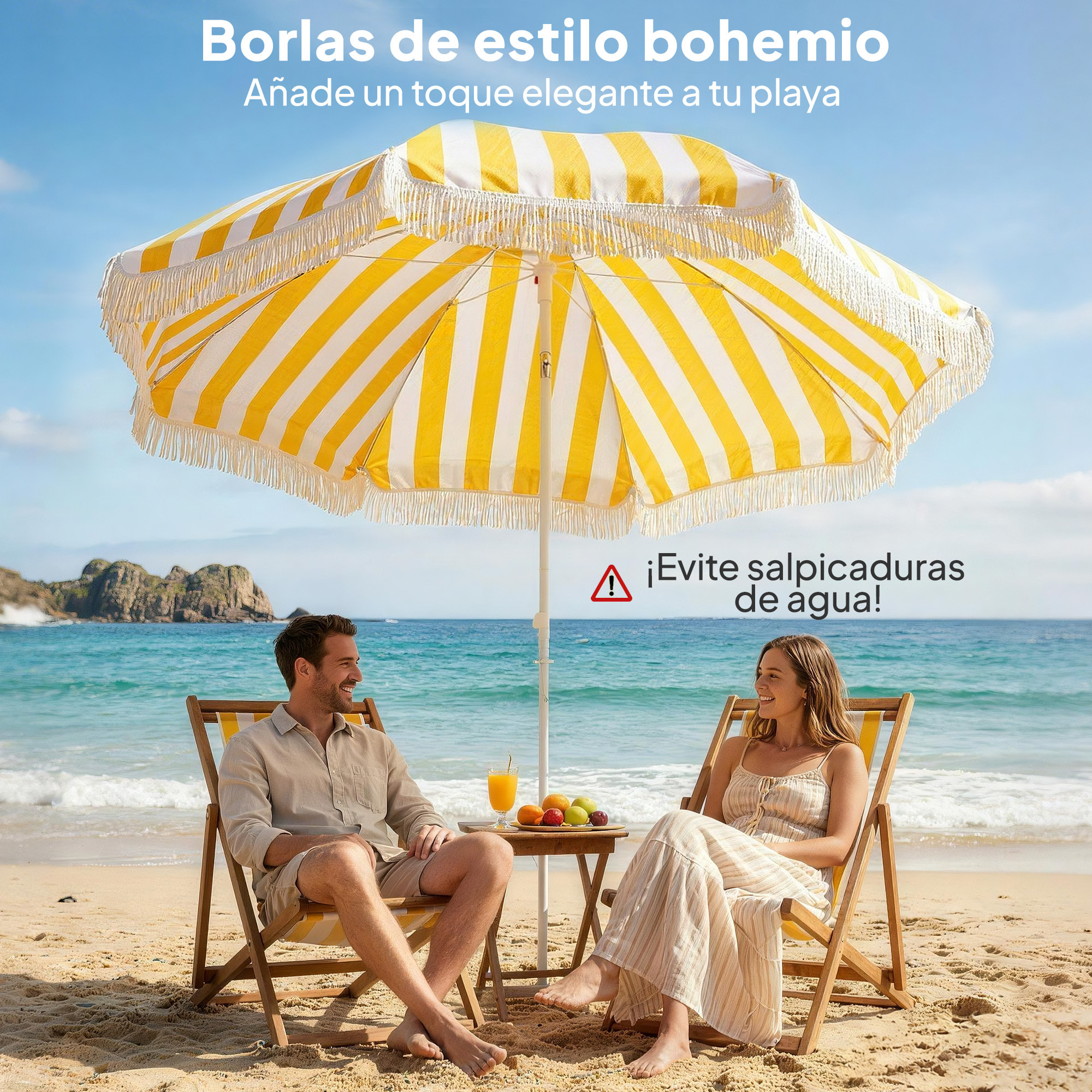 Sombrilla de Playa con Flecos Ø180 cm, Sombrilla de Terraza Exterior con Altura Ajustable, Inclinación 30°, Anclaje Arena y Bolsa de Transporte, Amarillo y Blanco
