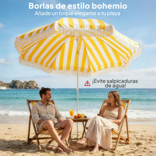 Sombrilla de Playa con Flecos Ø180 cm, Sombrilla de Terraza Exterior con Altura Ajustable, Inclinación 30°, Anclaje Arena y Bolsa de Transporte, Amarillo y Blanco