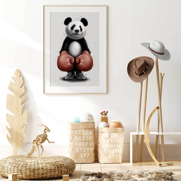 Affiche enfant panda boxer  Affiche + cadre en bois - Chêne