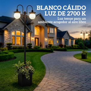 Farola Solar Exterior de Jardín con Macetero 2 Cabezales Impermeable IP44 Encendido/Apagado Automático y Altura Ajustable Luz Solar de Exterior LED para Terraza Patio 53,5x30x182 cm Negro