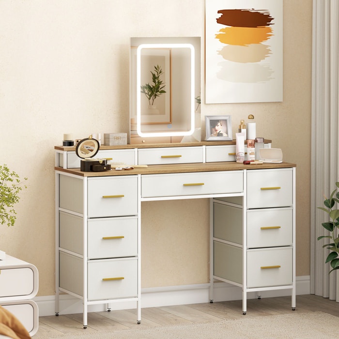 Tocador con Luces LED de 3 Colores, Tocador de Maquillaje con Espejo, Mesa de Maquillaje con 10 Cajones de Tela, Patas de Acero, Moderno, para Dormitorio, Salón, Natural