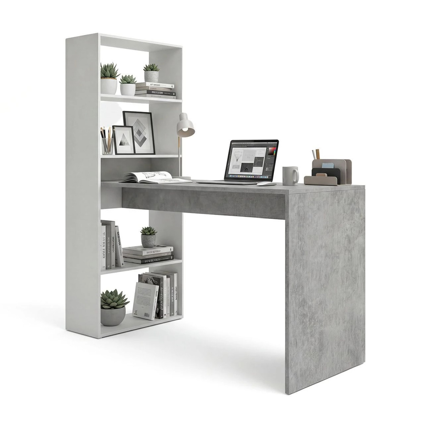 Mesa de escritorio con estantería en blanco artik y gris cemento 120x50 cm Cosmic Blanco Artik (Blanco Mate) - Gris Cemento
