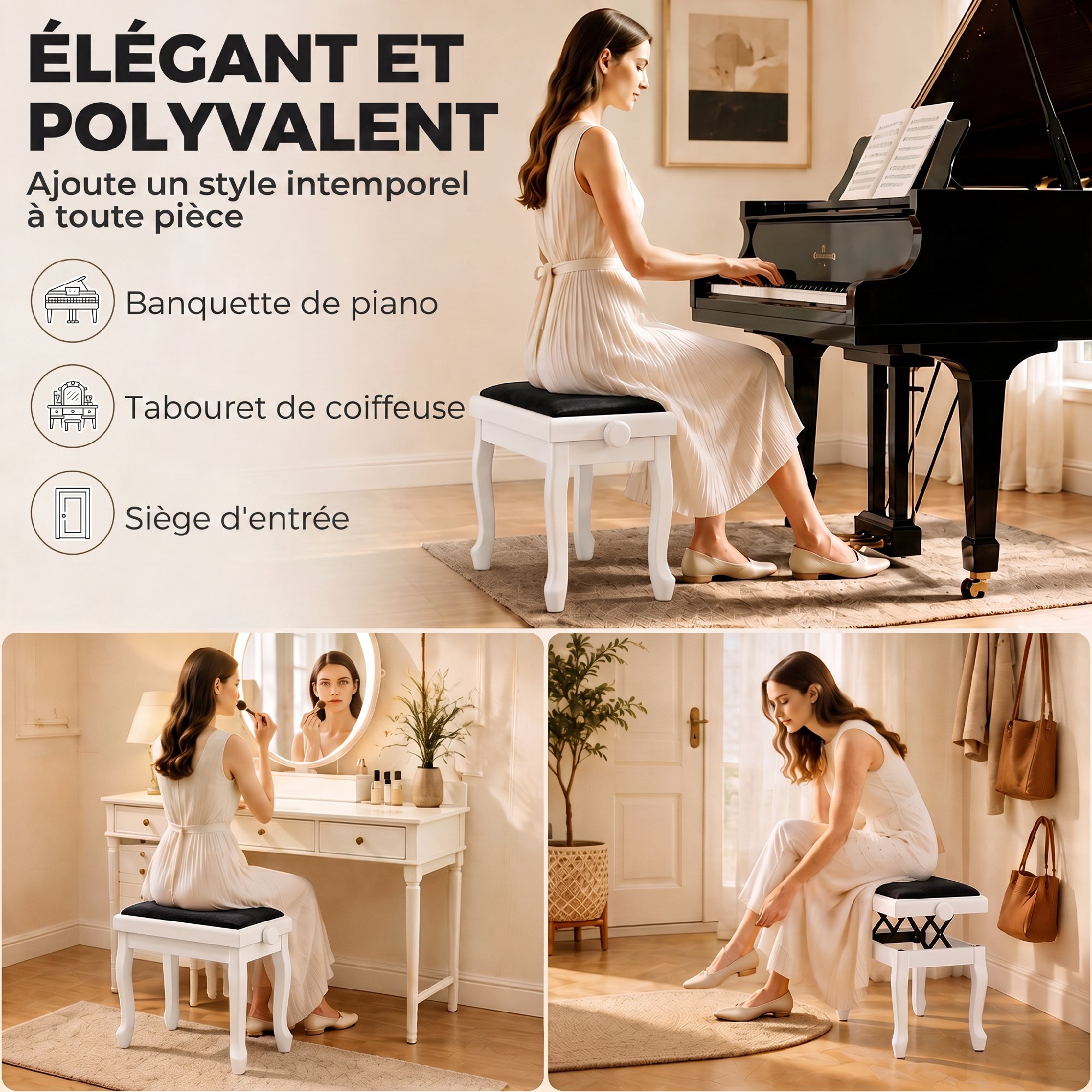 Banc de Piano, Tabouret Piano Réglable en Hauteur 45-56 cm, Siège Rembourré en Velours, Blanc