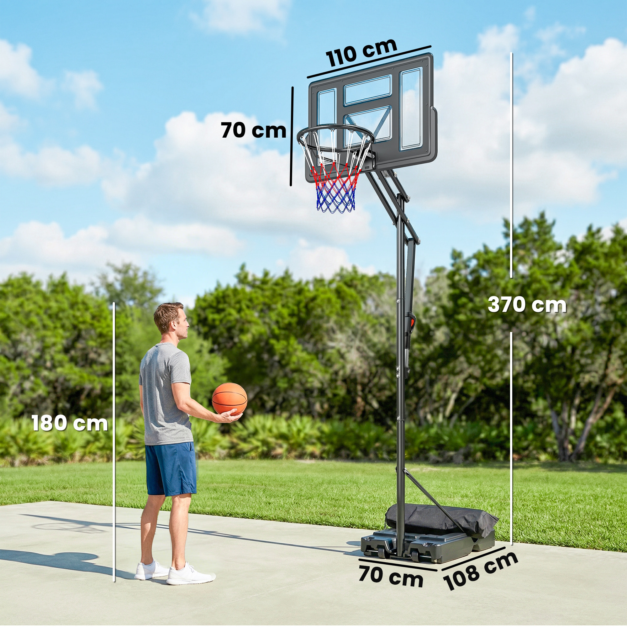 Canasta de Baloncesto para Exterior, Altura Ajustable de 5 Niveles, 235-305 cm, Canasta de Baloncesto Portátil con Ruedas, Base Rellenable y Bolsa de Peso, para Adultos y Adolescentes