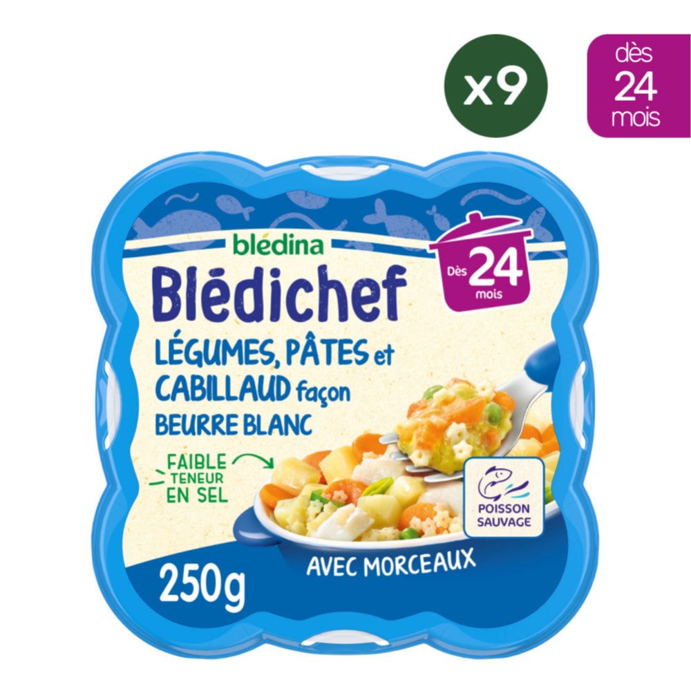 9 Assiettes Légumes, Pâtes et Cabillaud façon Beurre Blanc - Bledina Bledichef - Dès 24 mois