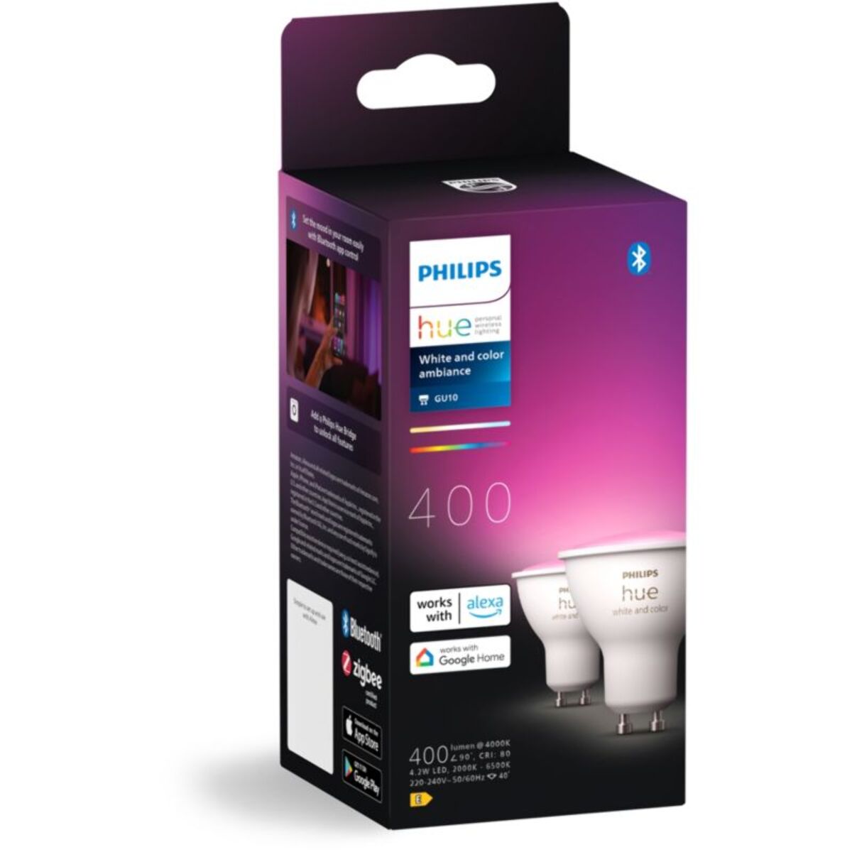 Ampoule LED connectée PHILIPS HUE GU10 White&Color Ambiance pack de 2