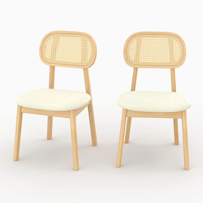 Lot de 2 chaises en bois clair, tissu beige et rotin synthétique - Maria