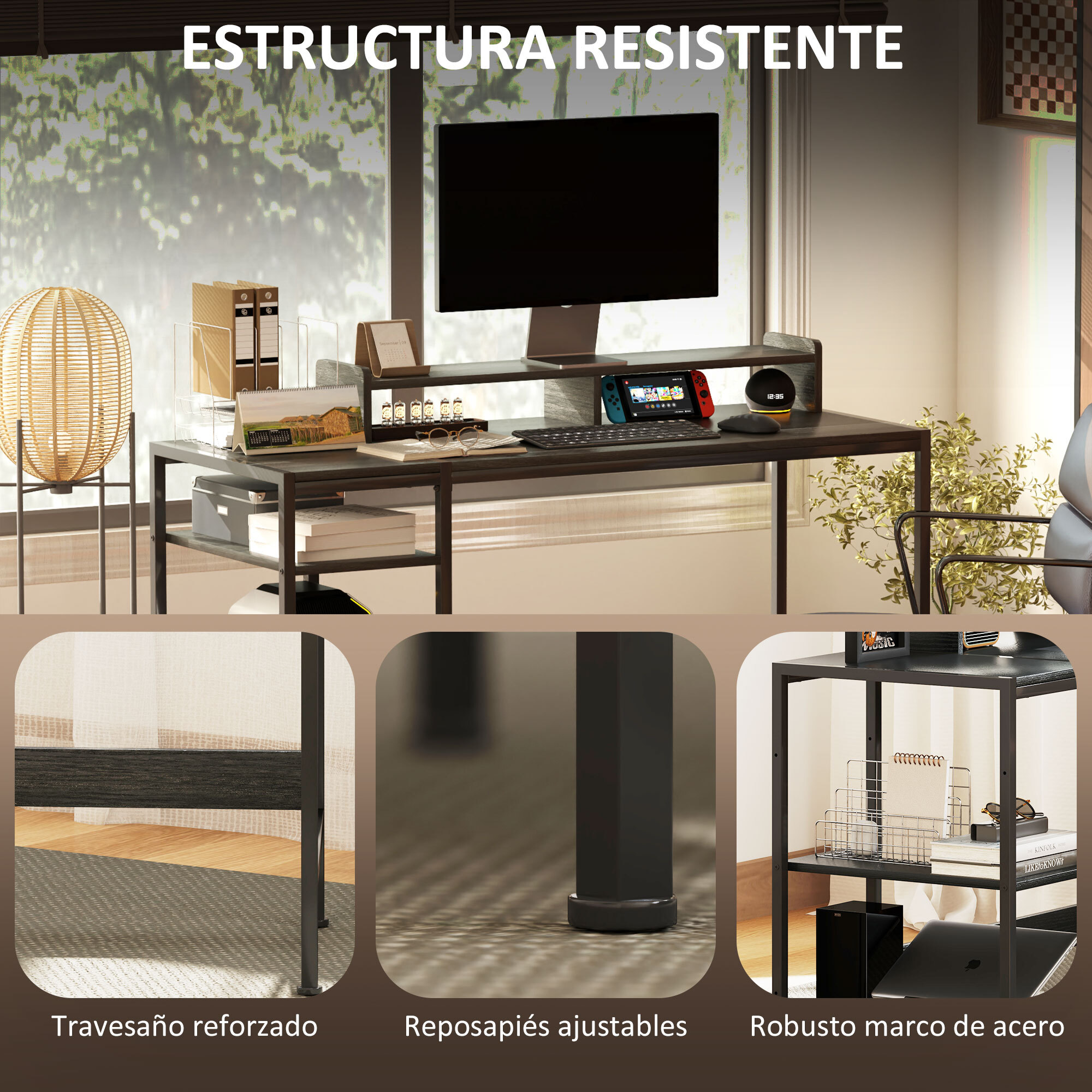 Escritorio Moderno Mesa de Escritorio con Estantes Laterales Soporte para Monitor Ajustable y Estructura Móvil Mesa de Ordenador para Oficina Estudio 120x48x85,5 cm Gris Carbón